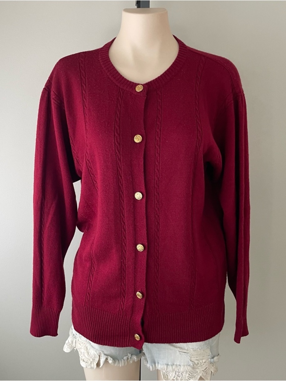 80s 90s Wool Blend Braemar Burgundy Merlot Knit Button Down Cardigan Sweater